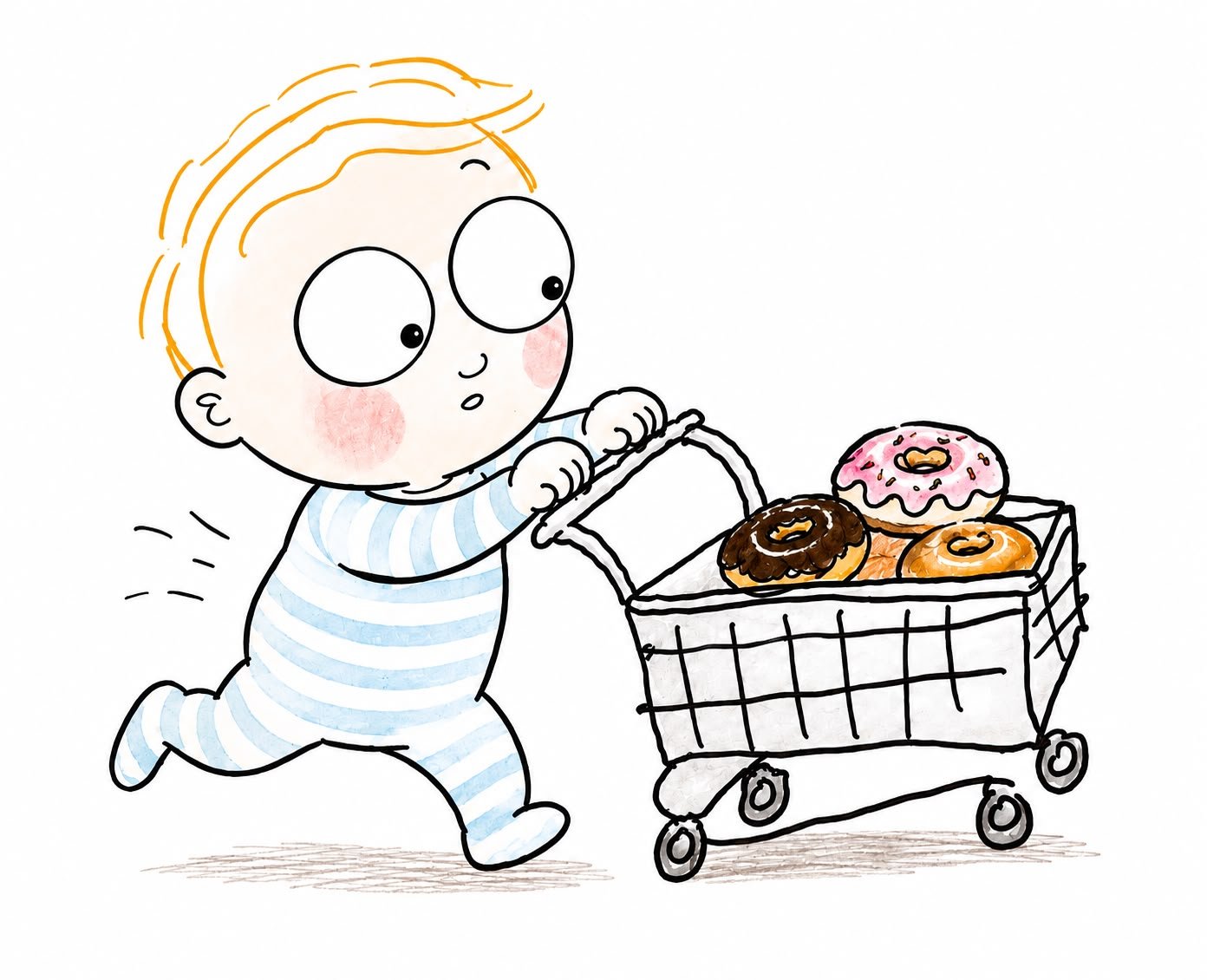 Ilustração do Adam empurrando um carrinho cheio de donuts de chocolate, morango e doce de leite.