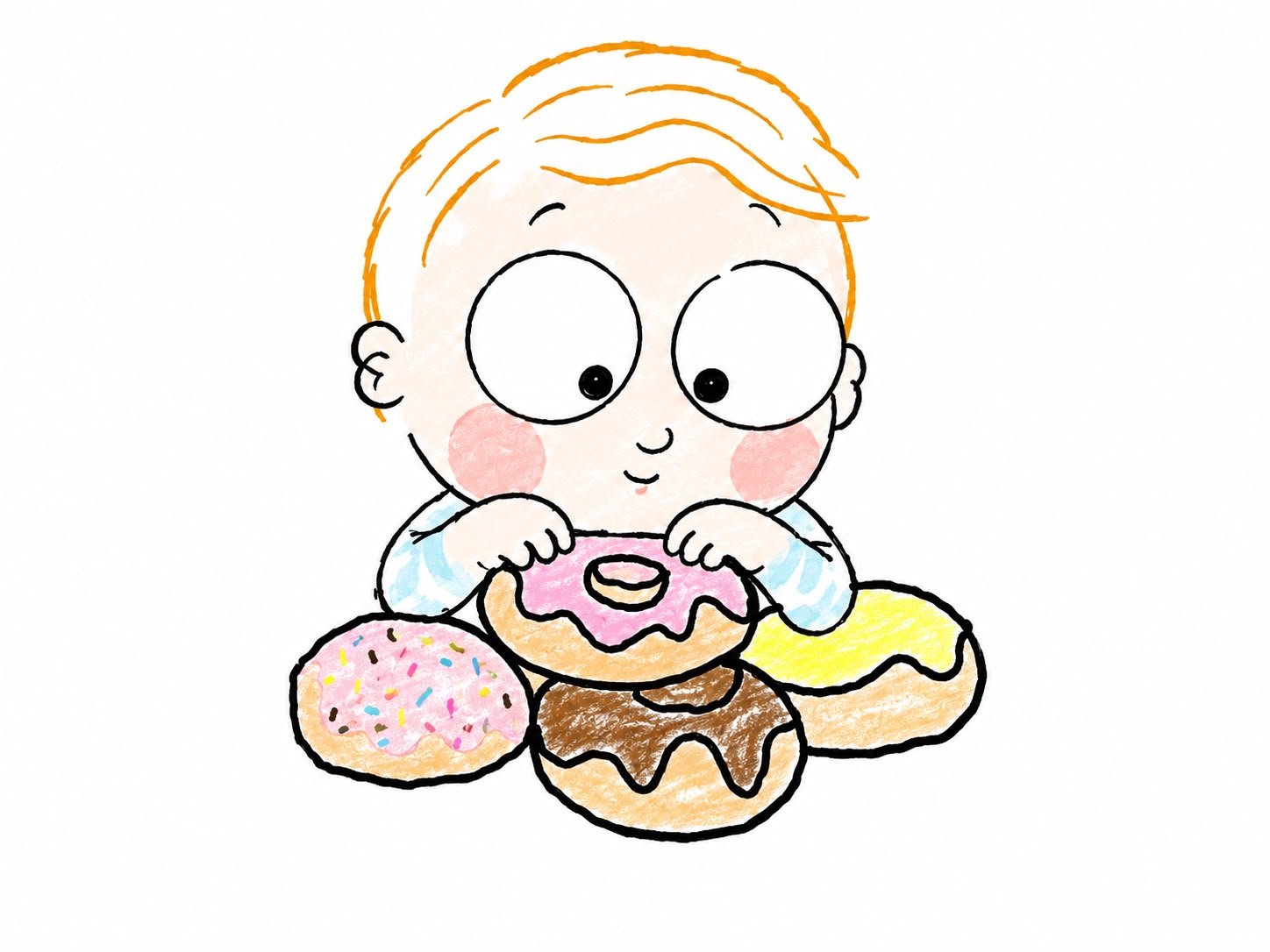 Ilustração do Adam sentado, cercado por quatro donuts com coberturas de morango, chocolate e limão.