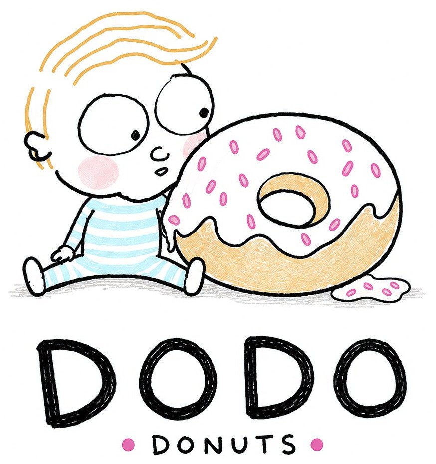 Logo da DODO Donuts: o Adam sentado ao lado de um donut gigante com glacê e granulado rosa.